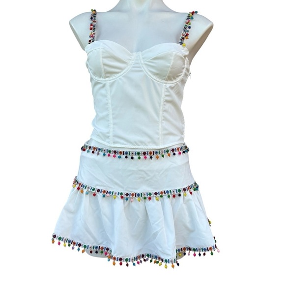 SHEIN Dresses & Skirts - Shein Musera White Skirt & Corset Top Set Pom Pom Trim Size Small New